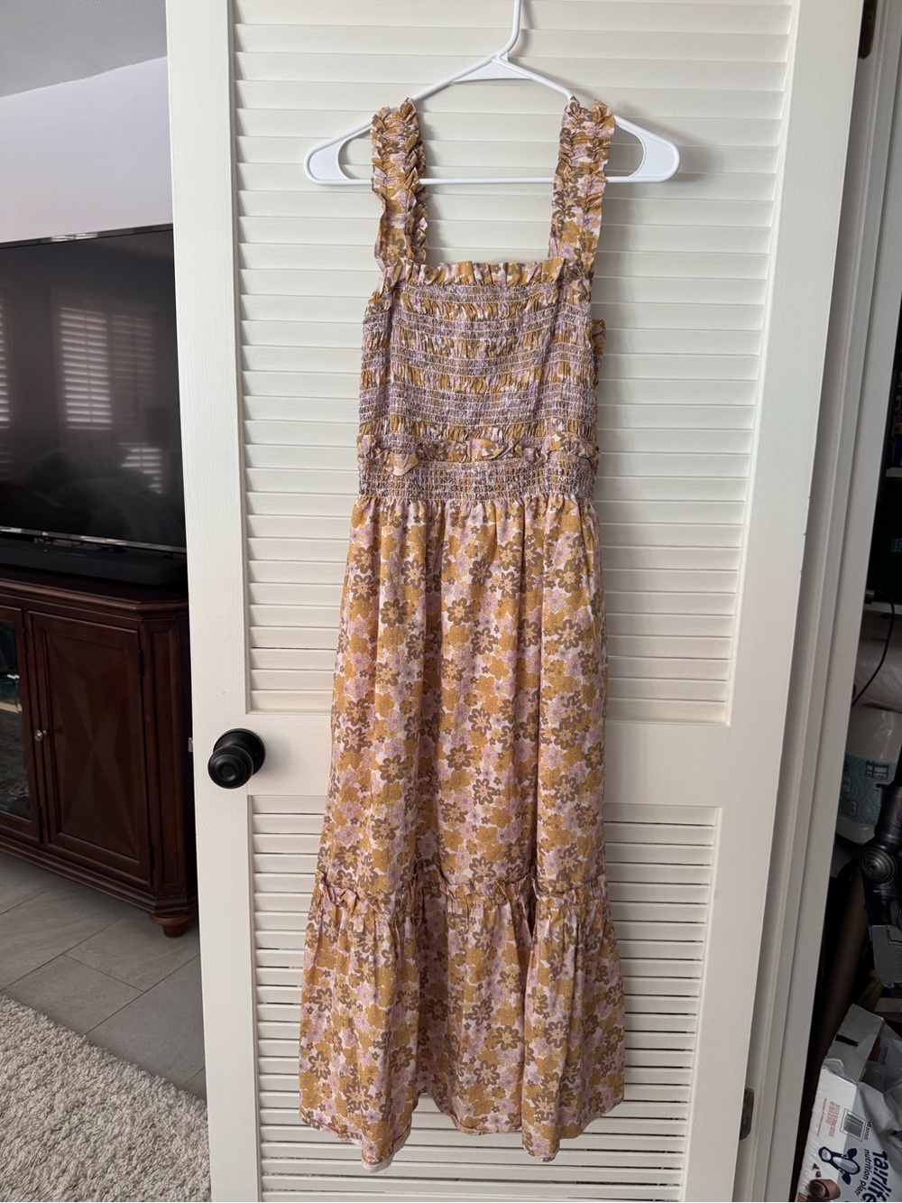 AUREUM Floral Smocked Midi Dress in Mustard and Lavender Nap dress